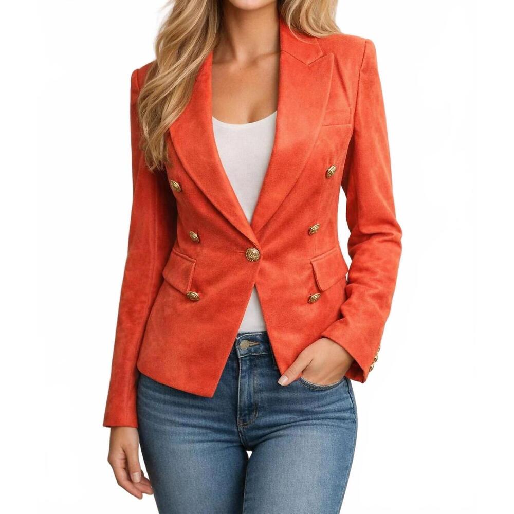 NEW OOLALA double breasted faux suede blazer jacket in papaya
